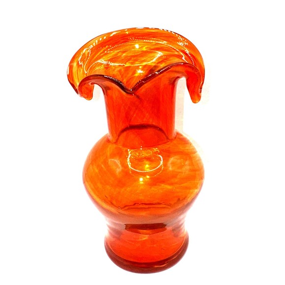 VTG Hand Blown Orange Swirl Art Glass Vase 7” Tall Ruffled Tulip Rim Style Decor - Picture 1 of 8